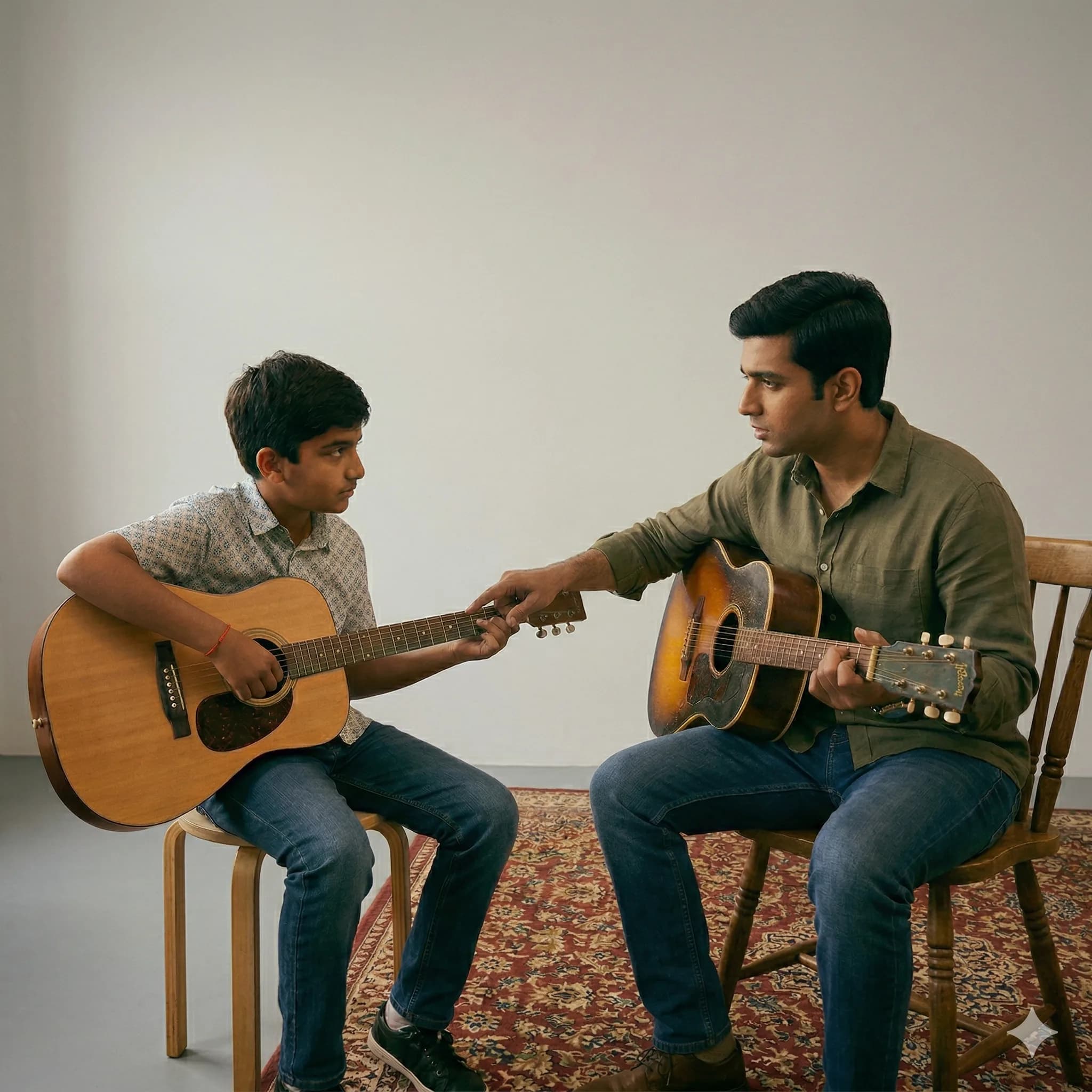 Guitar instructor teaching a student at home in Delhi