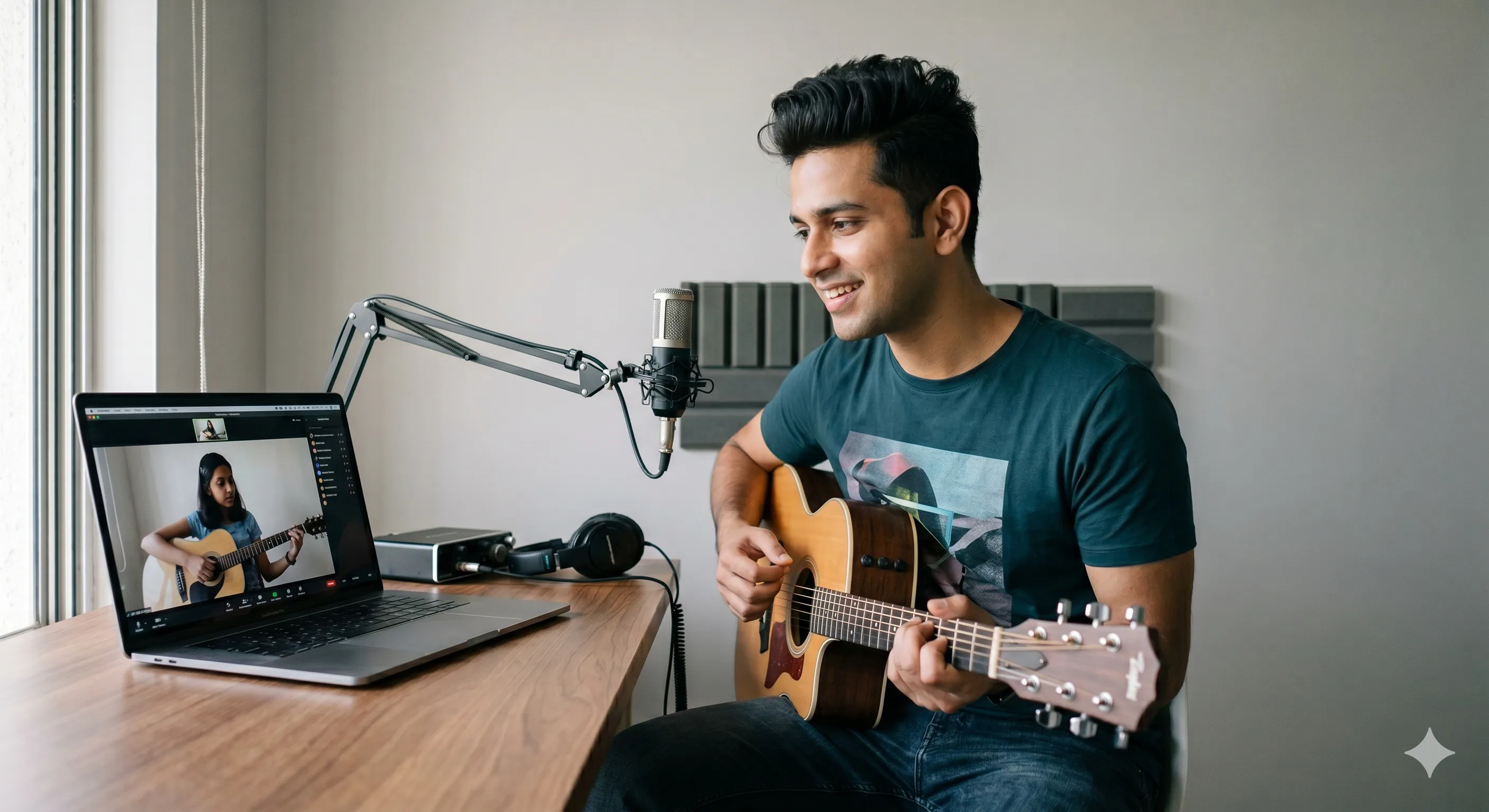 Guitar instructor teaching an online class via video call